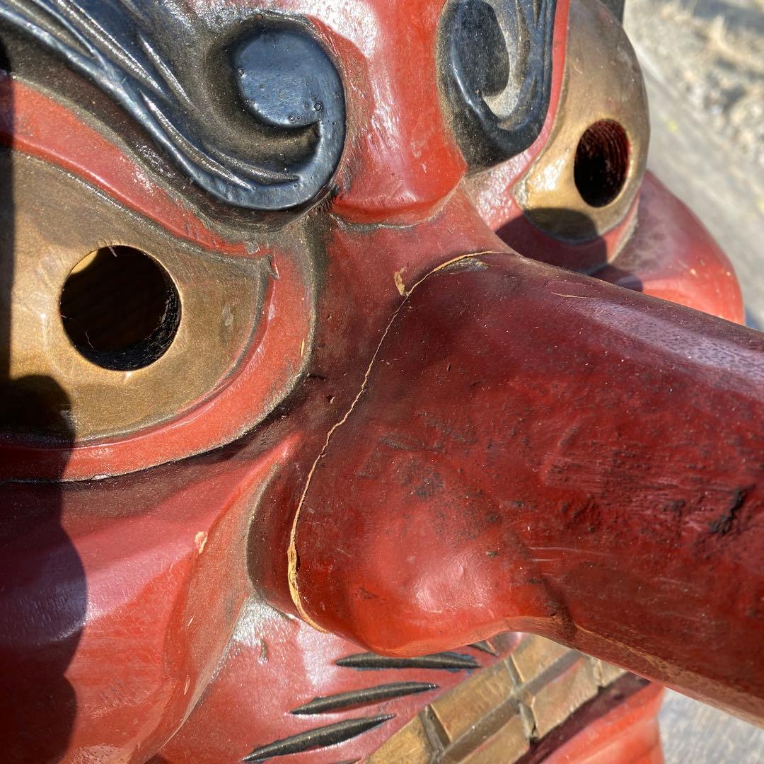 特大　木彫　天狗面　壁掛け　インテリア　横35x奥行34x縦48cm