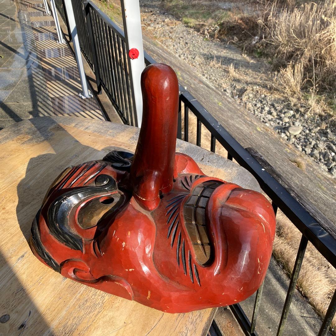 特大　木彫　天狗面　壁掛け　インテリア　横35x奥行34x縦48cm