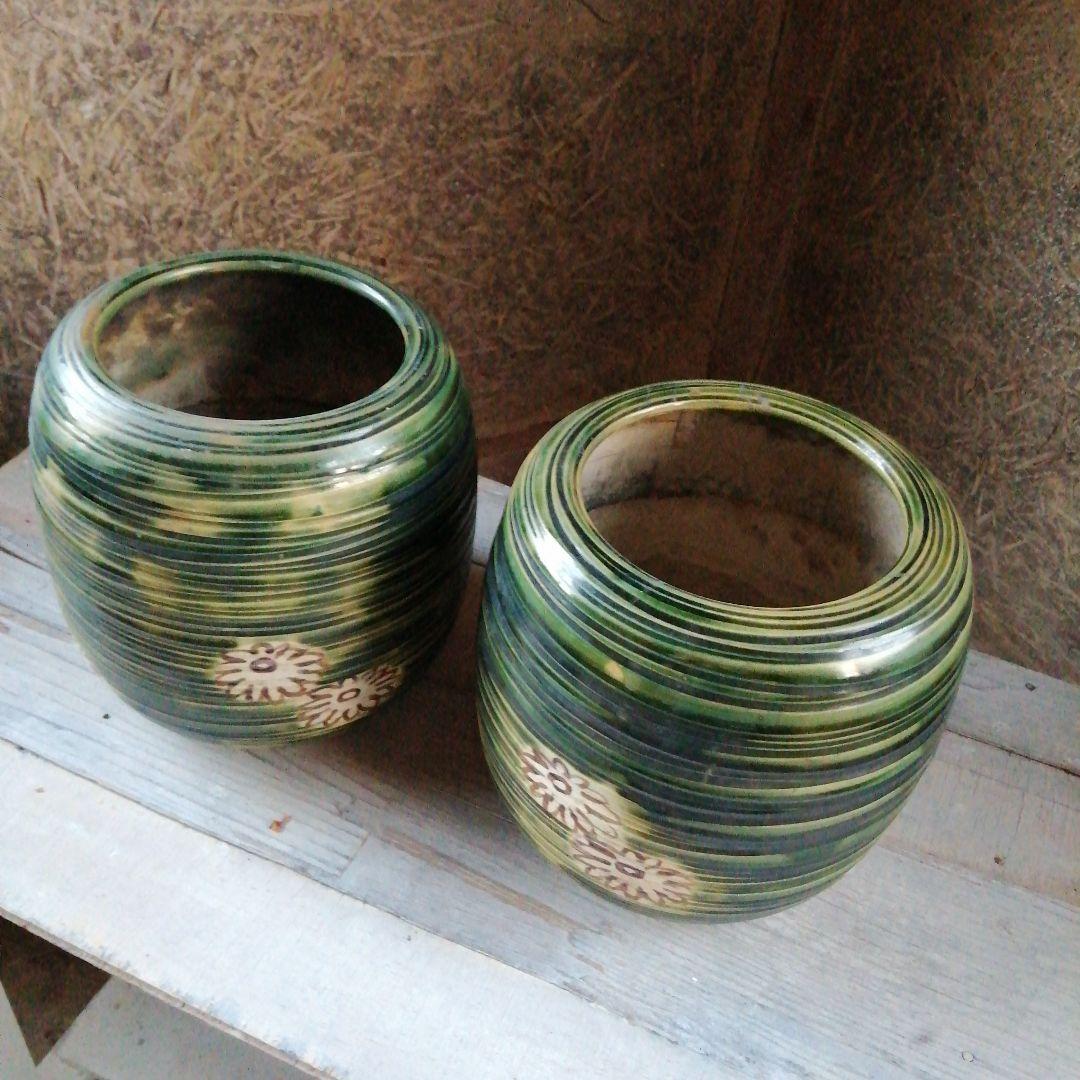 瀬戸焼　織部野菊火鉢一対　22cm　昭和初期～中期