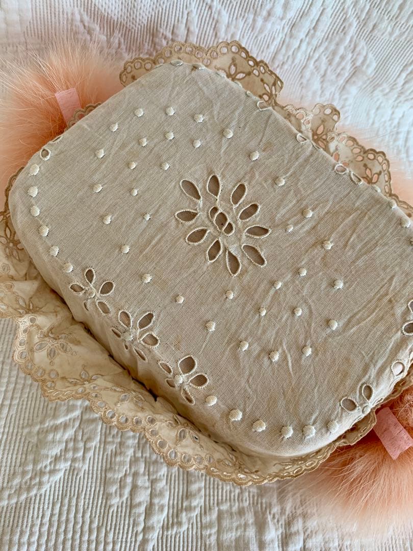 フランスアンティークカットワークレースフラワーガールバスケット＋ミニクッション