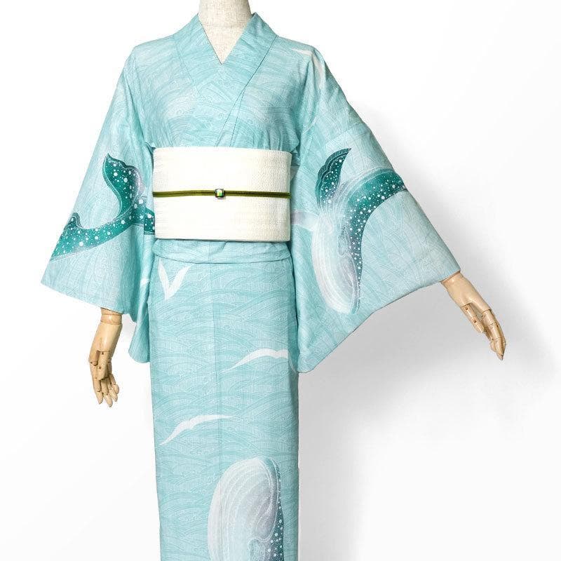 ★ミントグリーン地にクジラと波柄★めずらしい絵羽浴衣★夏きもの大人の浴衣