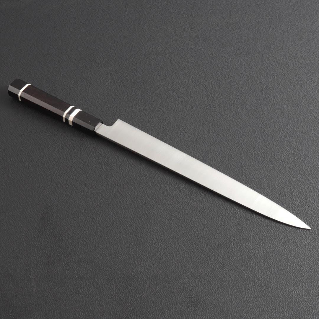 9358 柳刃包丁 9寸 刺身包丁 刃は究極の切れ味 黒檀黒水牛角白三本巻八角柄