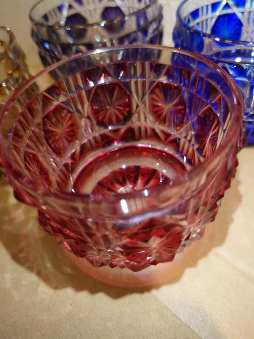 【未使用】薩摩切子　薩摩びーどろ工芸作　五色五客　色被せ　切子猪口