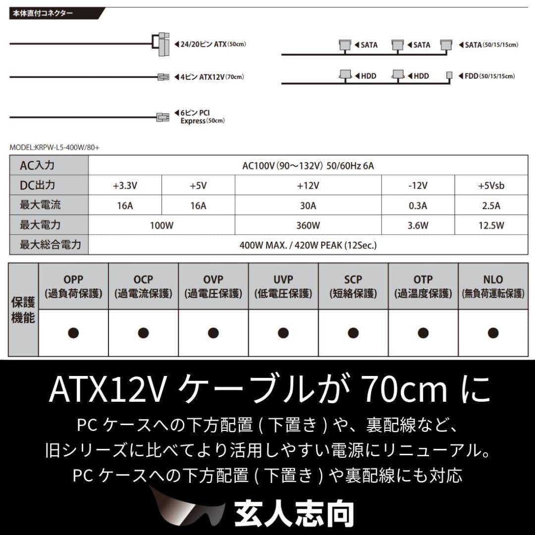 玄人志向 80Plus GOLD スタンダード PC電源 850W ATX