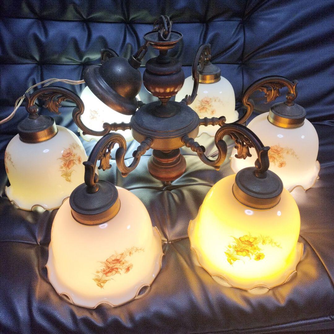 アンティーク 花柄 シャンデリア 6灯 昭和レトロ