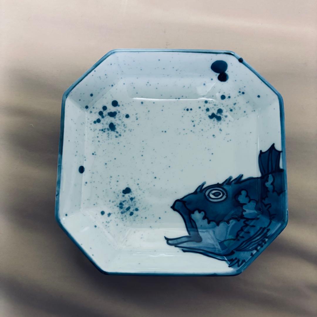 古伊万里 源右衛門作 染付 吹墨 魚図　銘々皿 5枚 有田焼