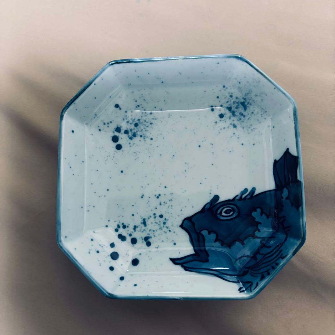 古伊万里 源右衛門作 染付 吹墨 魚図　銘々皿 5枚 有田焼