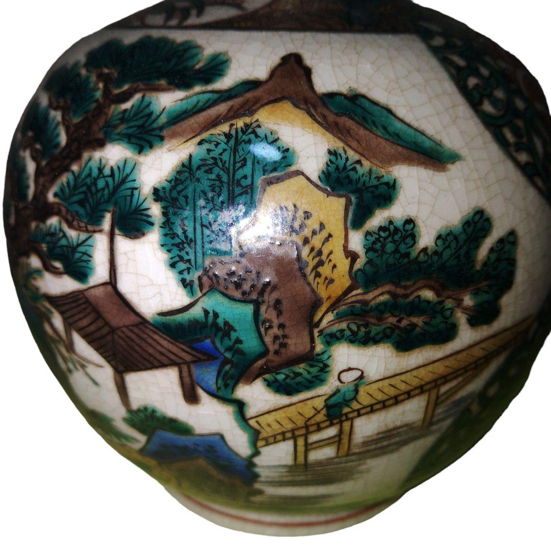 青手九谷焼　山水楼閣文瓢箪徳利　一輪差し　高さ28.5cm位