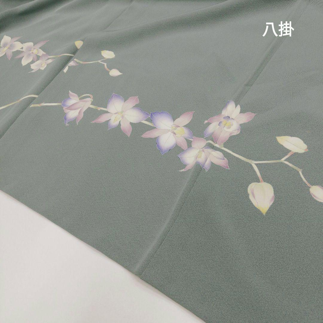 附け下げ(袷)　(洋蘭紋様　手描き京友禅(山崎 巌 落款)　身幅広め　利休鼠色)