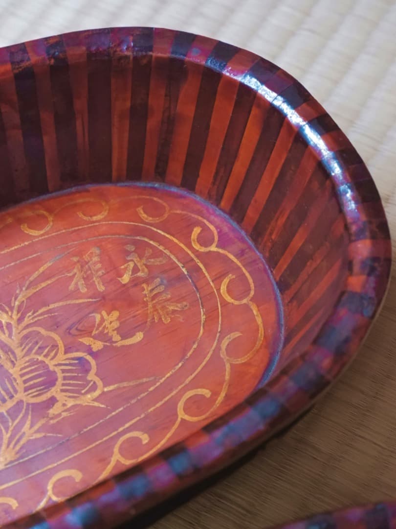 永泰祥造　唐木　寄木煙草盆　漆工芸　箱付　煙道具　茶道具Q2330