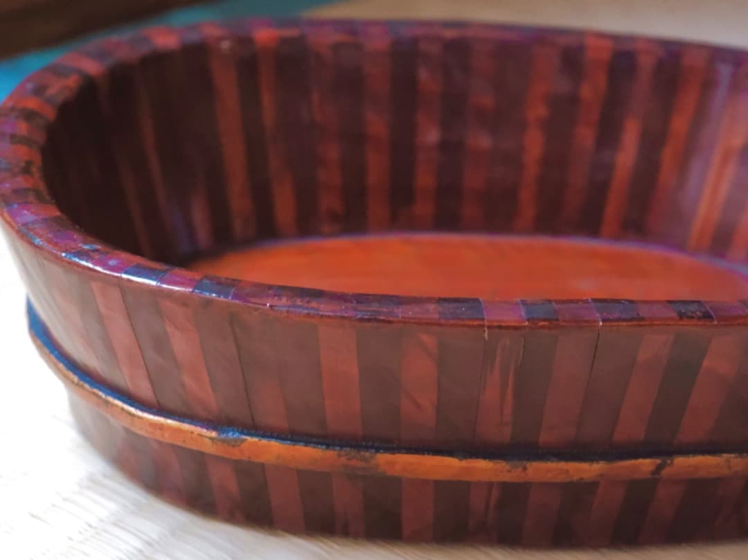 永泰祥造　唐木　寄木煙草盆　漆工芸　箱付　煙道具　茶道具Q2330