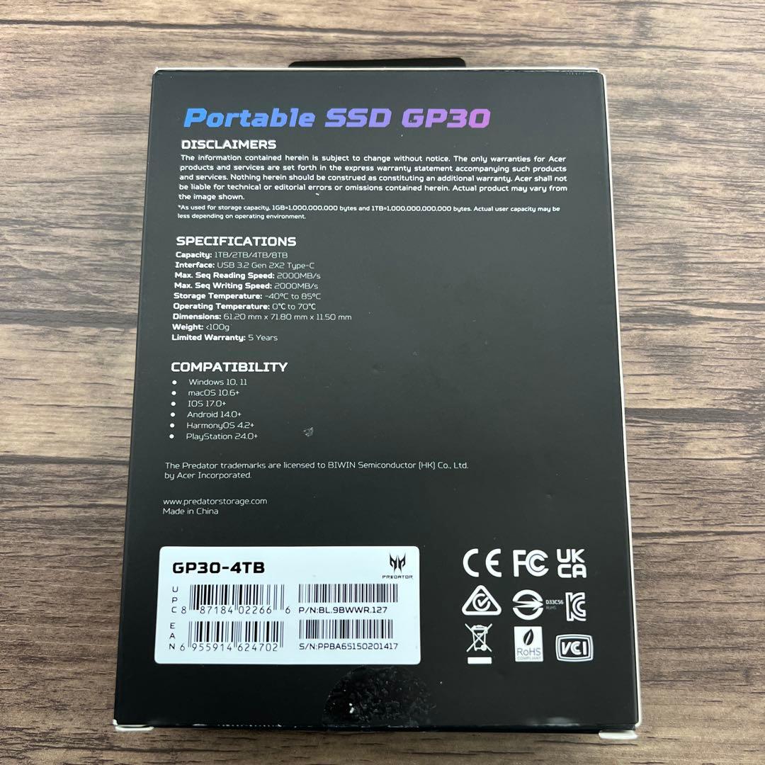 262054 Acer Predator 外付けSSD 4TB GP30