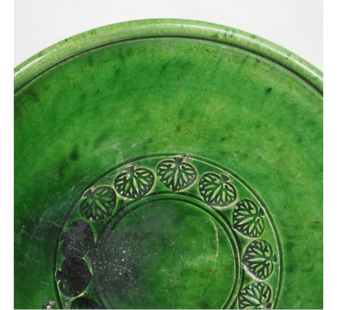 送料無料　江戸時代 源内焼　緑釉葵紋皿　径21cm