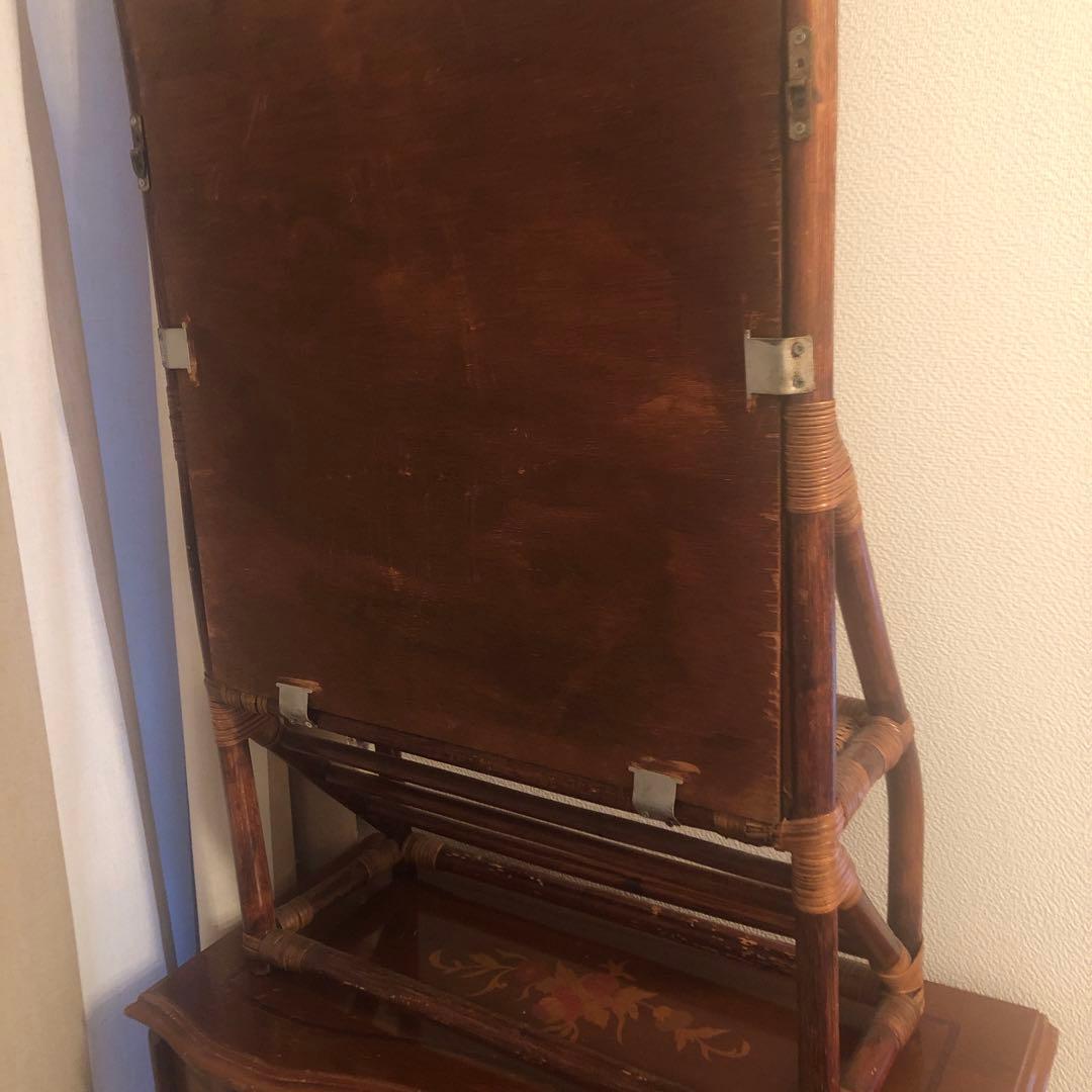 ヴィンテージ　ラタン　ミラー　立て掛け　壁掛け　タオルバー付き　籐　鏡