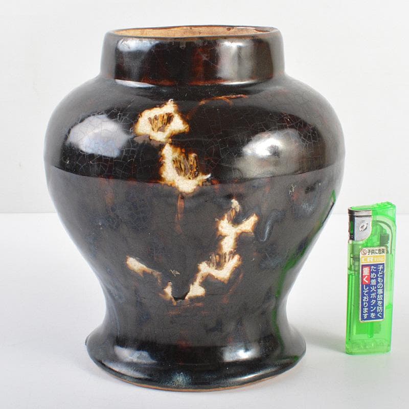 中国　磁州窯黒釉　花文瓶　V　R6028