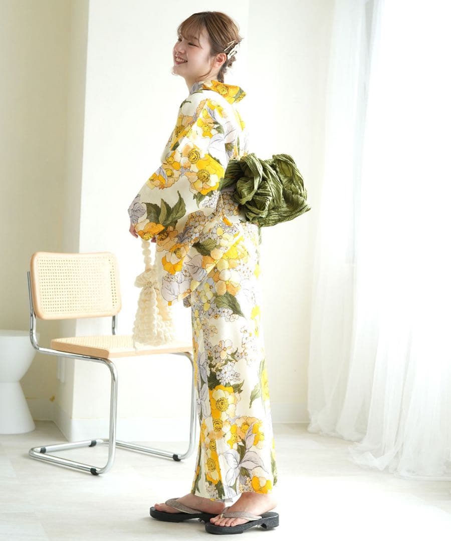 ウタタネ　花柄浴衣・帯セット（黄色・緑）