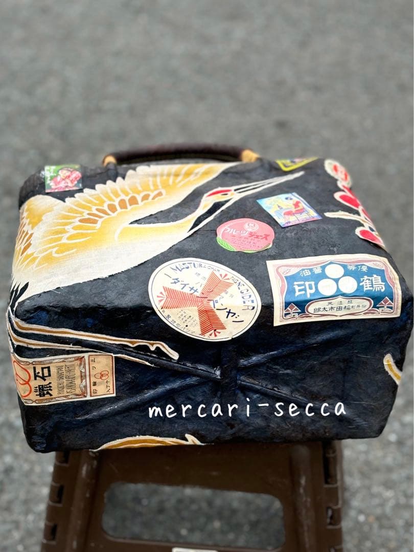 漆塗り一閑張りバッグ　鶴と亀　昭和レトロラベル