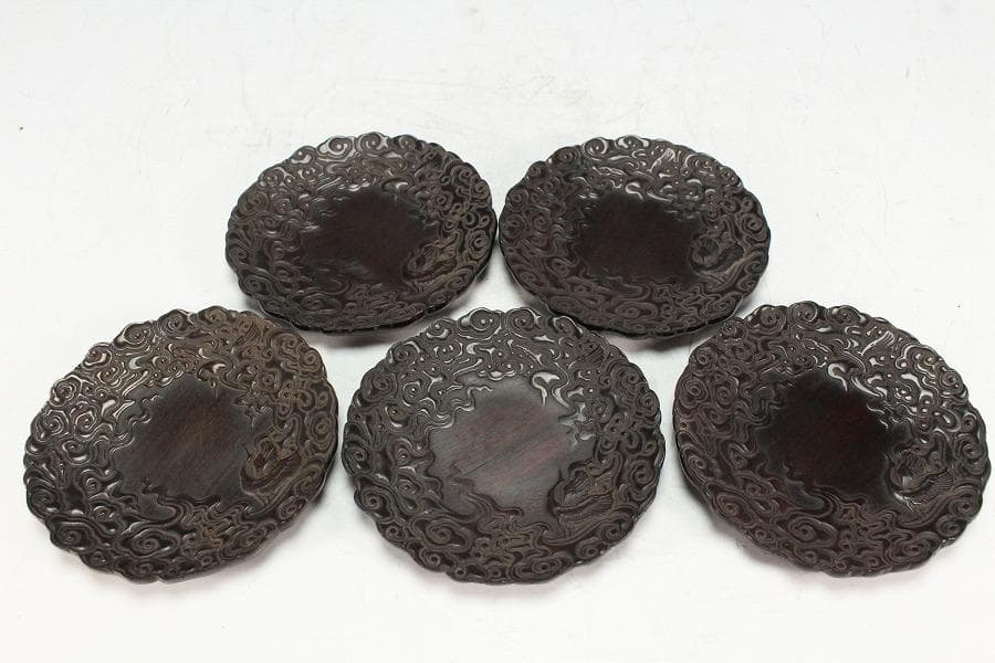 紫檀 雲鶴 細密彫刻 小皿 五枚(K-A719)