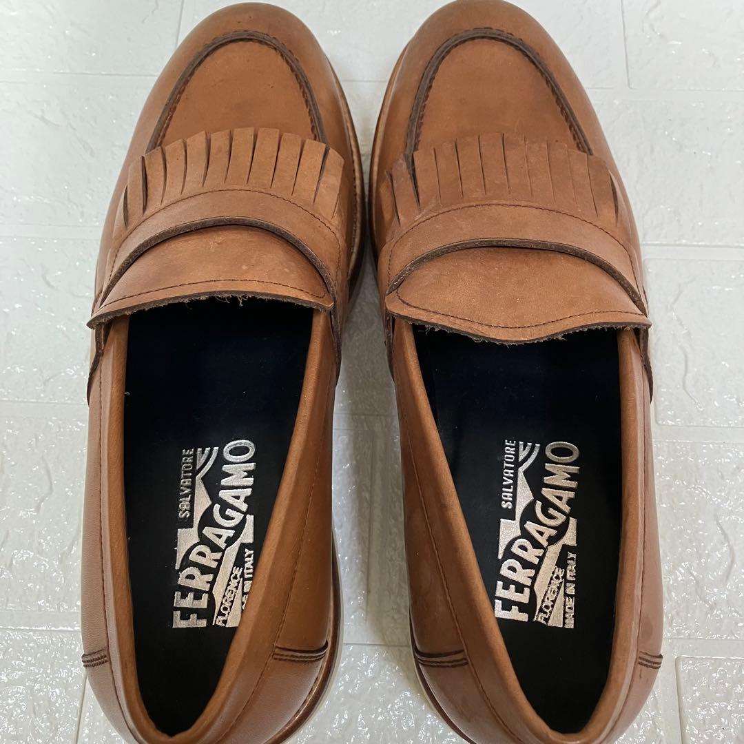 FERRAGAMO フェラガモ ブラウンレザー フリンジローファー 7 2E