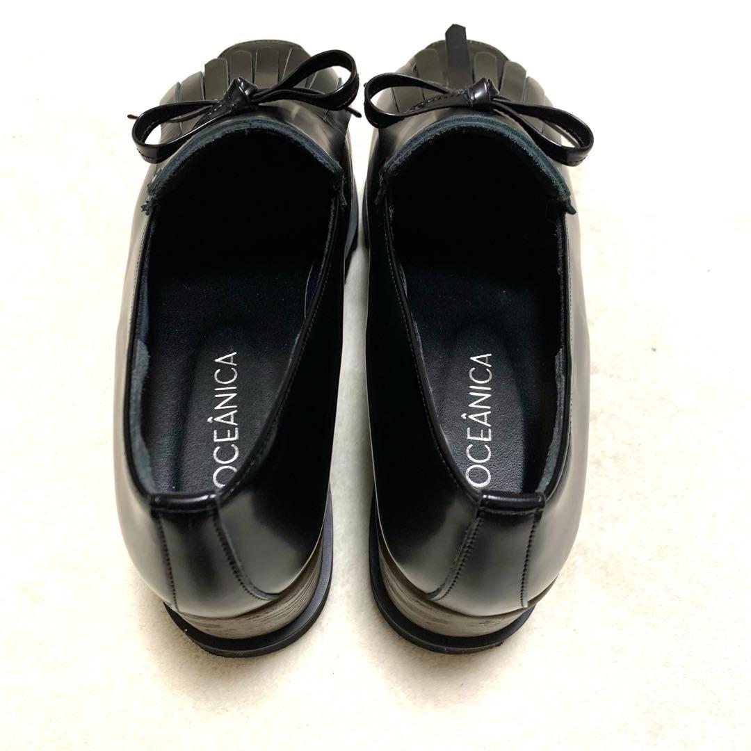 美品【ヒルズアベニュー】リアルレザー　厚底シューズ シャークソール　リボン