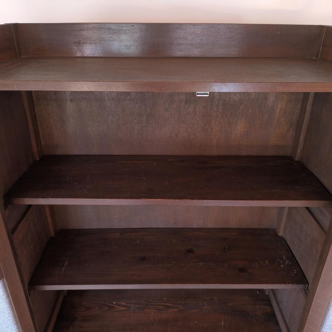 昭和レトロ ガラス戸付き木製本棚　アンティーク食器棚　鱗ガラス　ハンドメイド