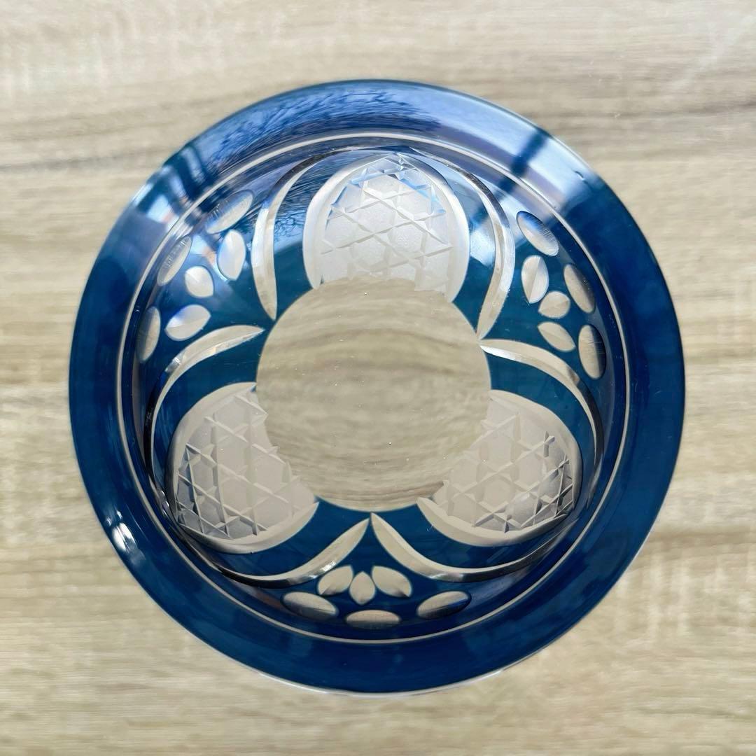 骨董　時代ガラス　希少　群青色被せ　モダンカット　大正浪漫切子　兜型　向付　小鉢