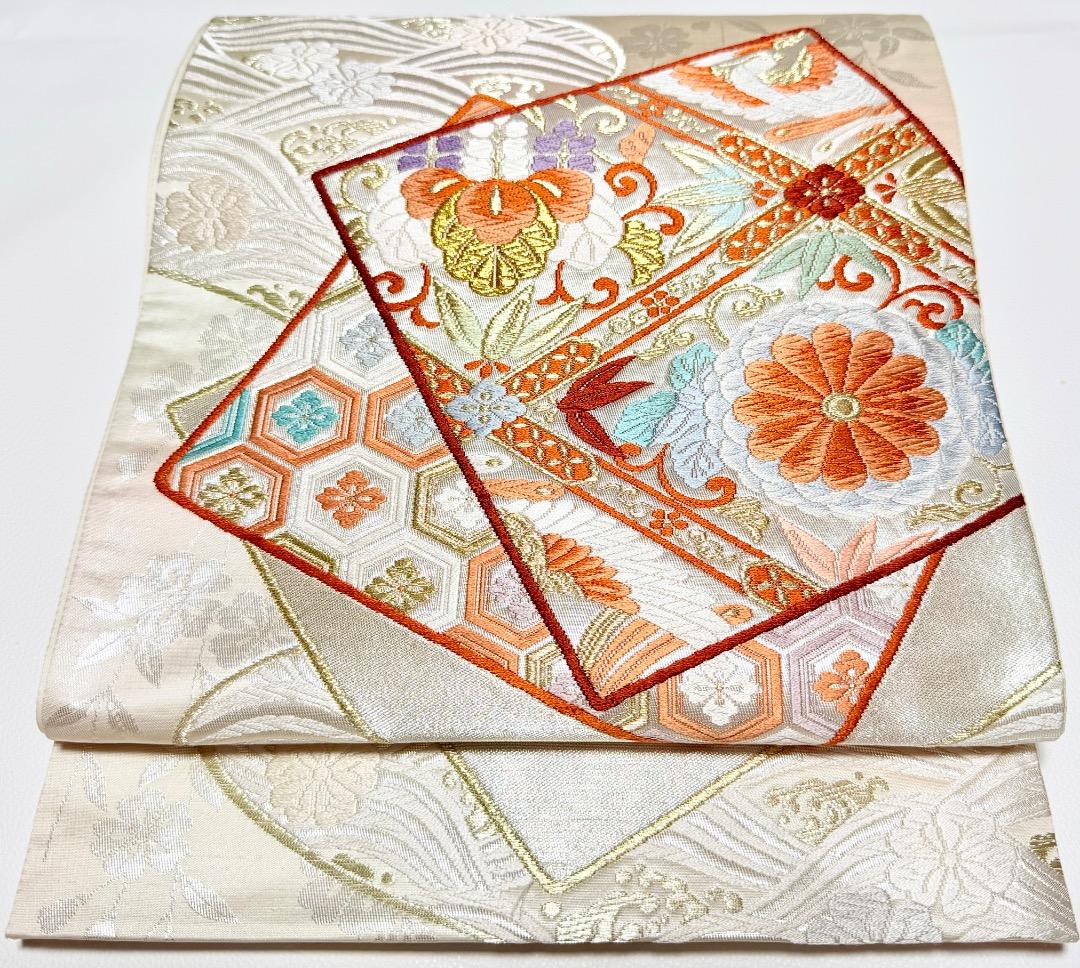 高級 袋帯 正絹 六通柄 香織袋帯 シルバー ホワイト 唐織 かるた遊び 訪問着