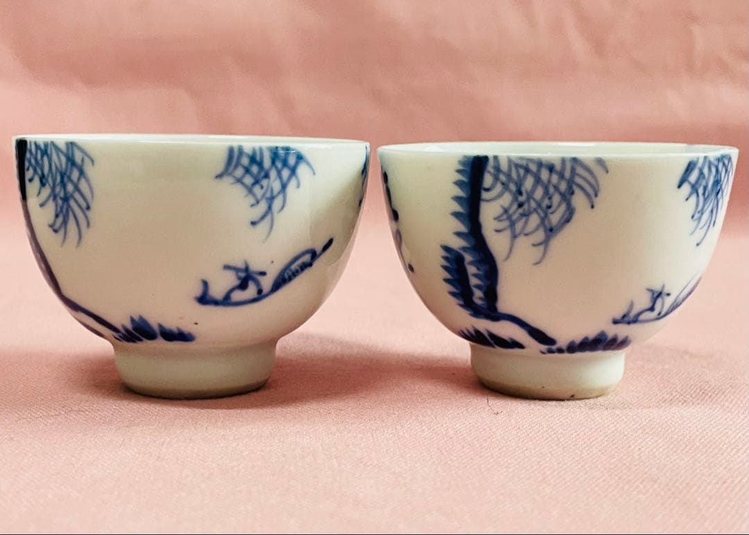 アンティーク道八　染付煎茶湯呑み3点＊2点まとめて五客