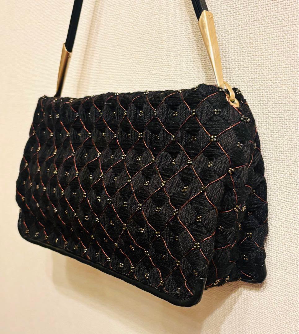 ボッテガヴェネタ ハンドバッグ 肩掛け 黒 ニット×ビーズ×ラメ刺繍×レザー