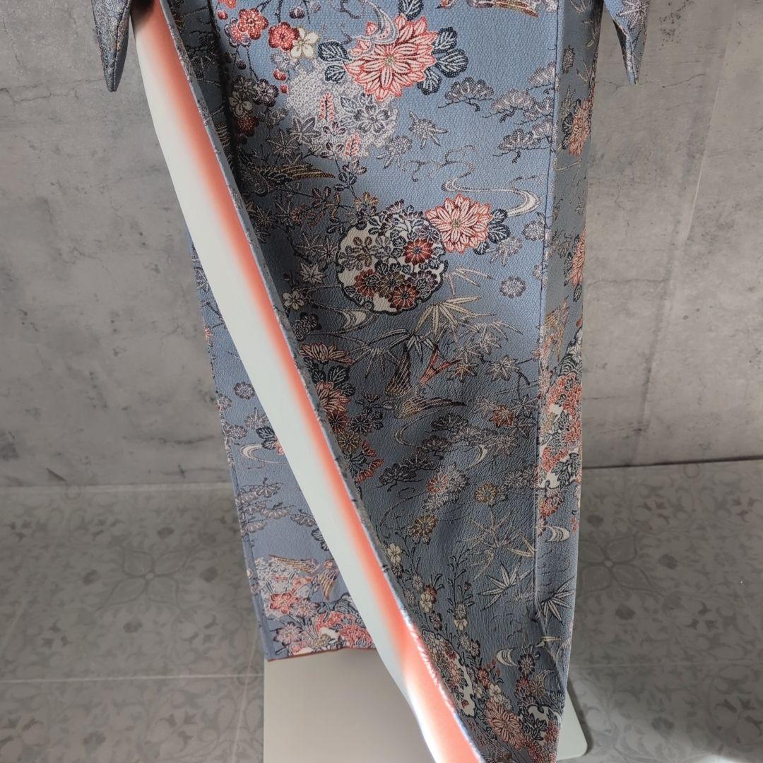 小紋　フルセット　着物　正絹　グレー水色地　鳥　花　彩　バチ衿　着物生活　E1