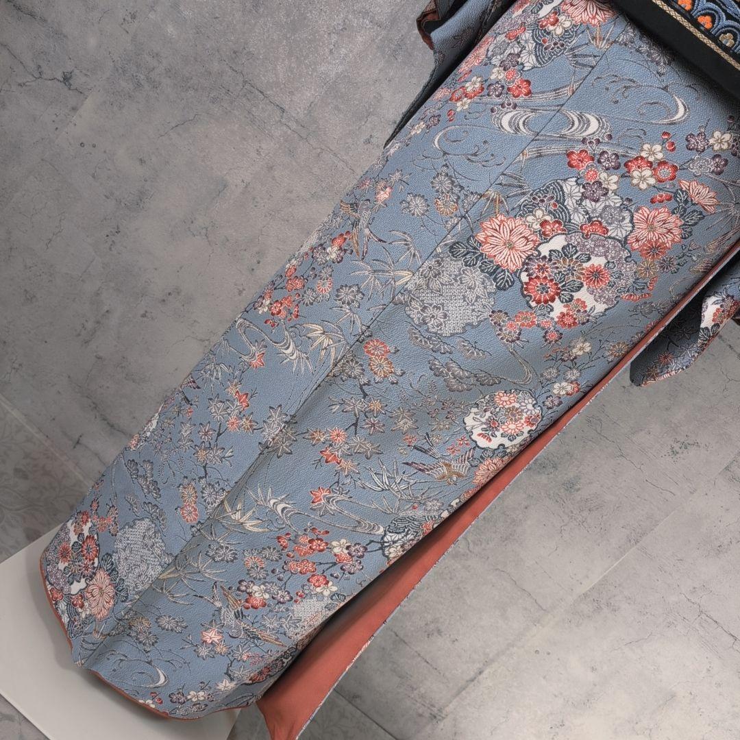 小紋　フルセット　着物　正絹　グレー水色地　鳥　花　彩　バチ衿　着物生活　E1