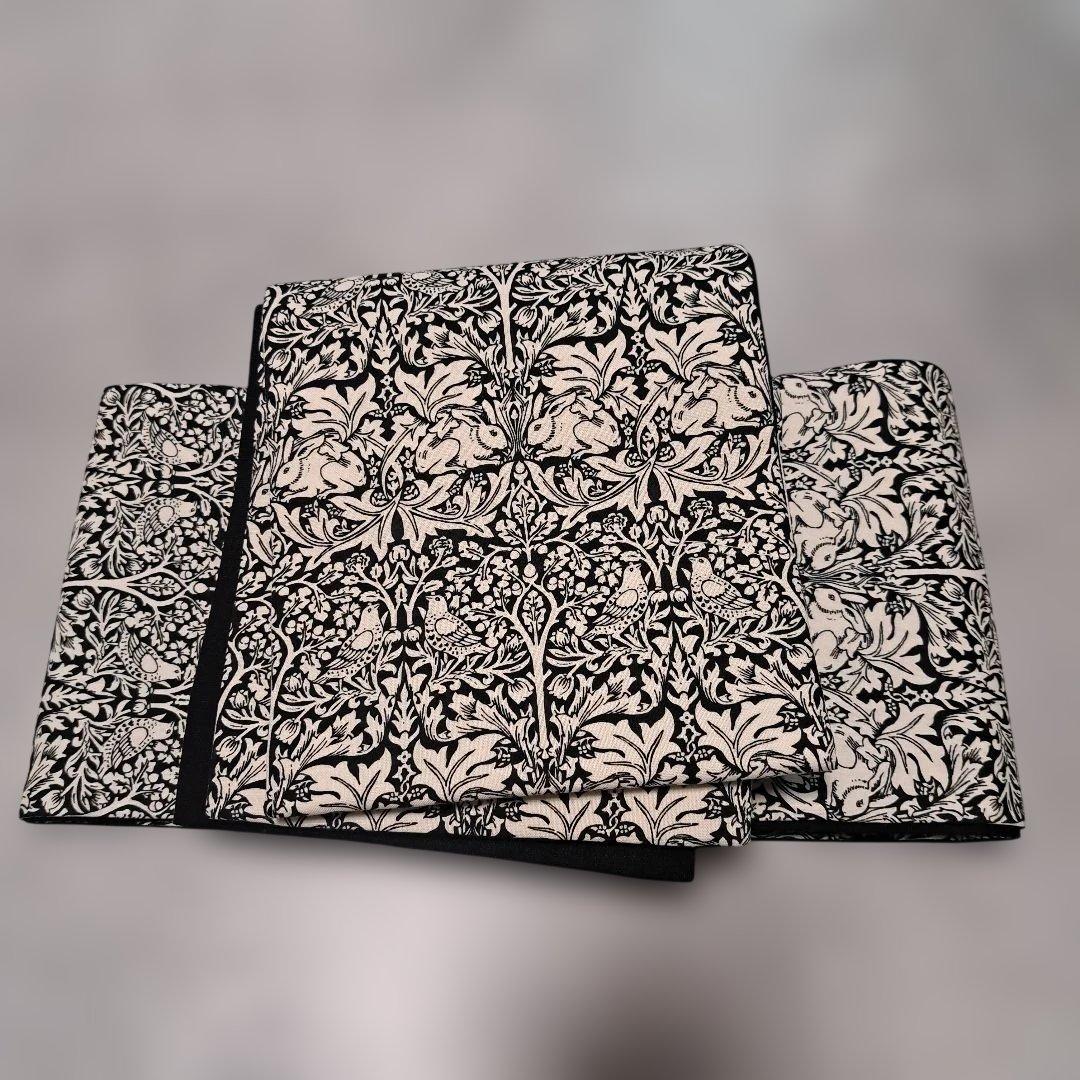 半幅帯　長尺　ウィリアムモリス　兄弟うさぎ　ブラックベース×国産コットンリネン