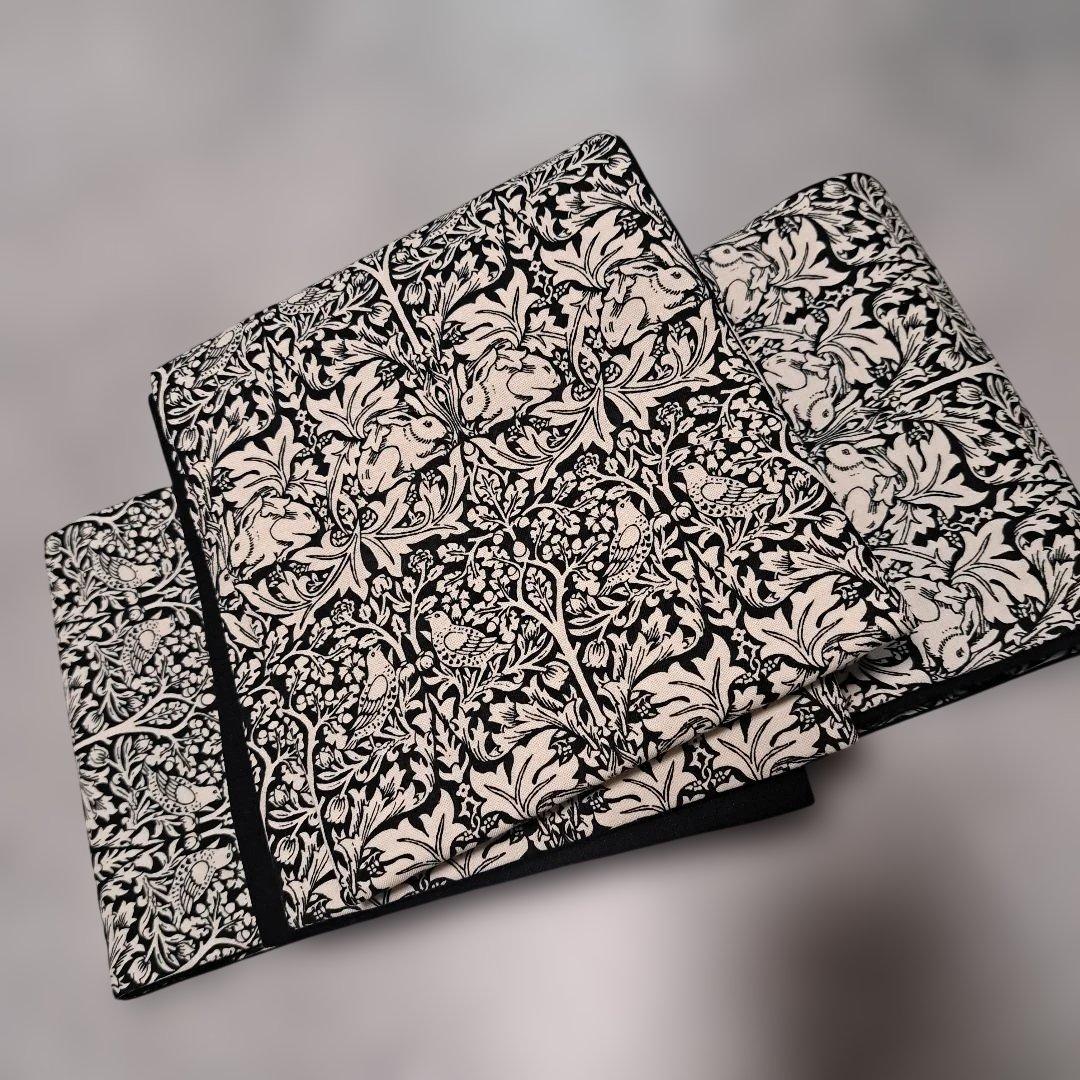 半幅帯　長尺　ウィリアムモリス　兄弟うさぎ　ブラックベース×国産コットンリネン