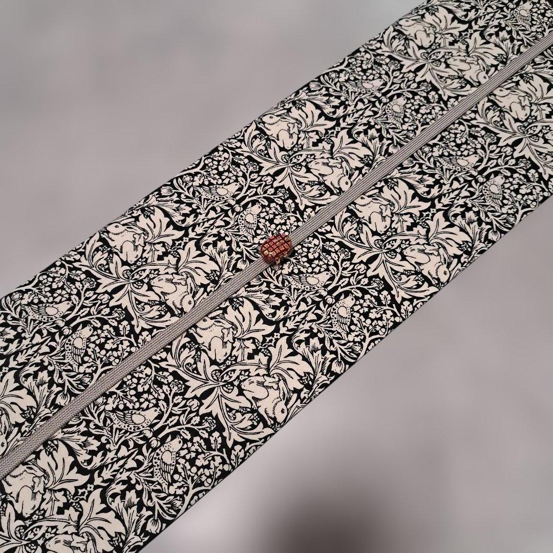 半幅帯　長尺　ウィリアムモリス　兄弟うさぎ　ブラックベース×国産コットンリネン