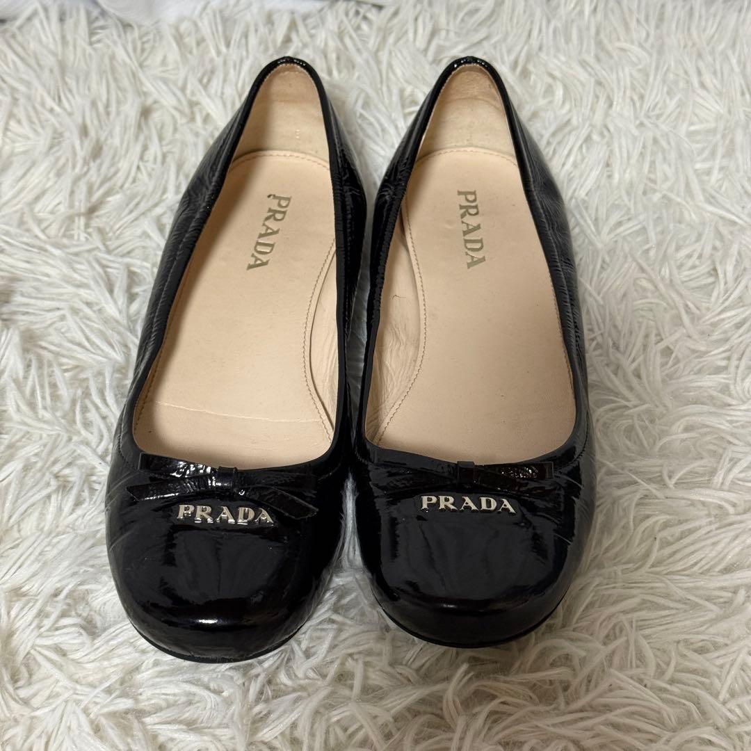 極美品✨PRADA プラダ　リボンパンプス　フラットパンプス　ブラック　37