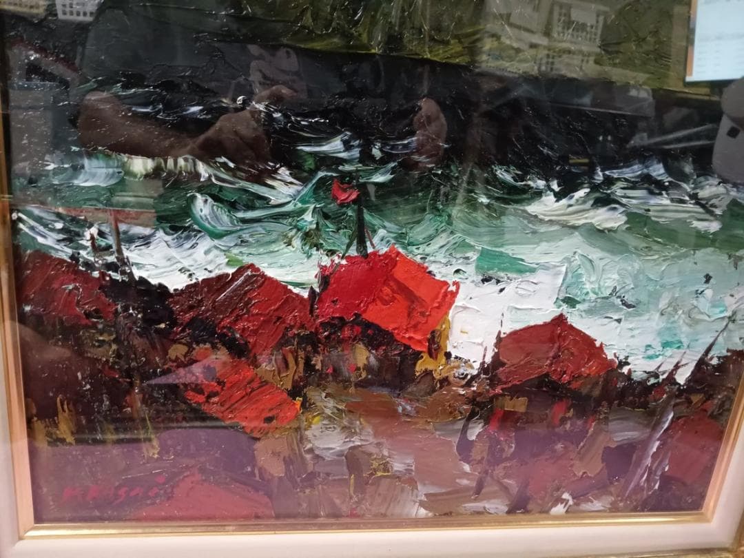 油彩画　葛西四雄作「北の浜辺」F8号　額付　サイン有　真作保証品