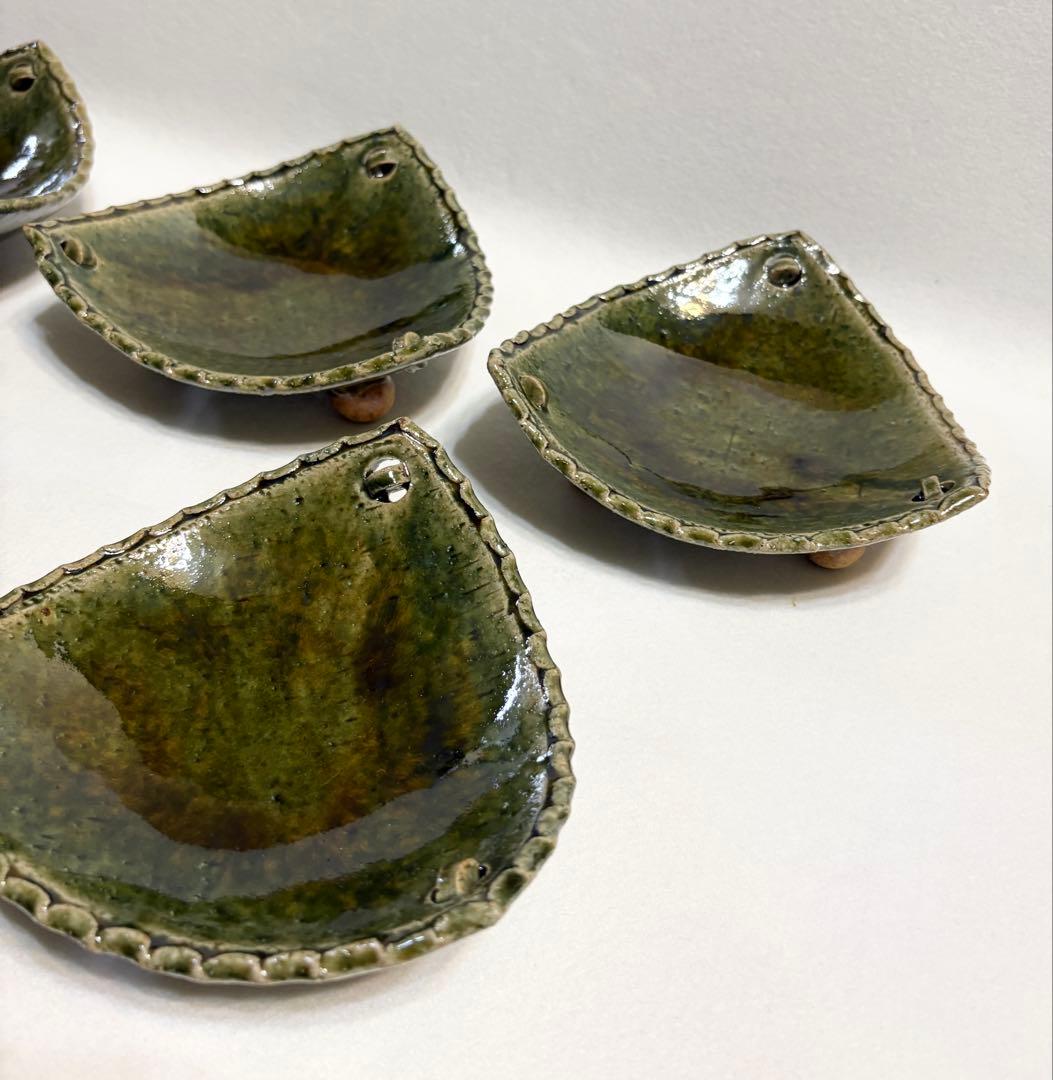 織部釉 三角 向付 五客 盛皿 刺身皿 三足 高台付 脚付 作家物 懐石料理