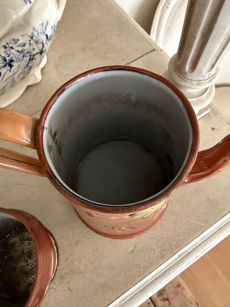 フランスアンティークホーロー秋色茶色グラデーションフクシア柄コーヒービギンポット