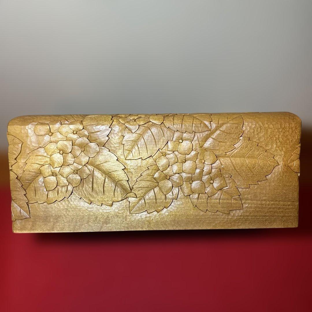 ③ 木彫り　BOXティッシュ　横　紫陽花