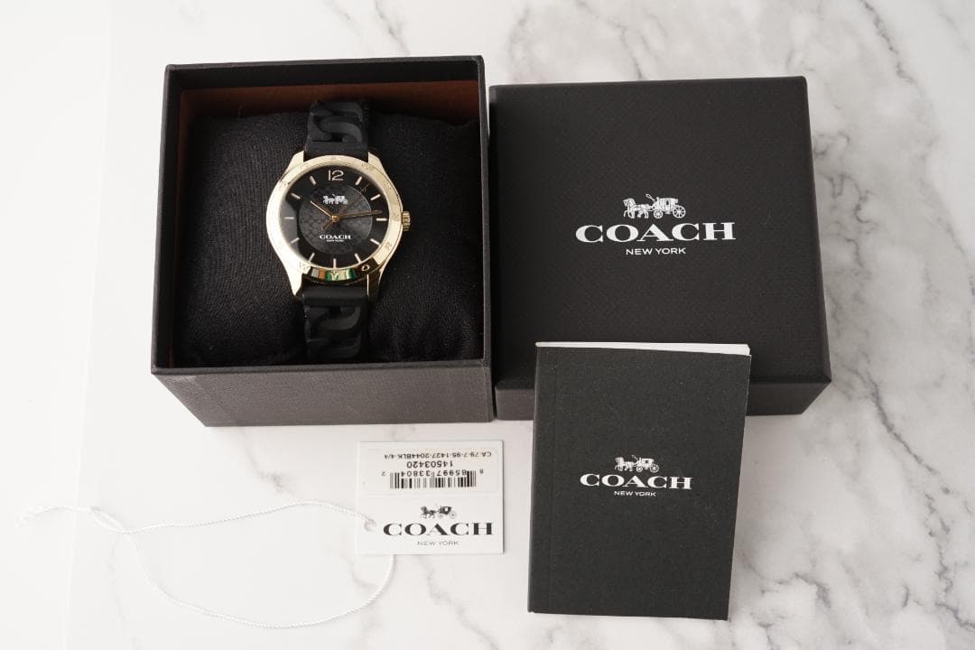箱付き✨稼働 COACH–コーチ 腕時計 ブラック 文字盤 ベルト ゴールド色