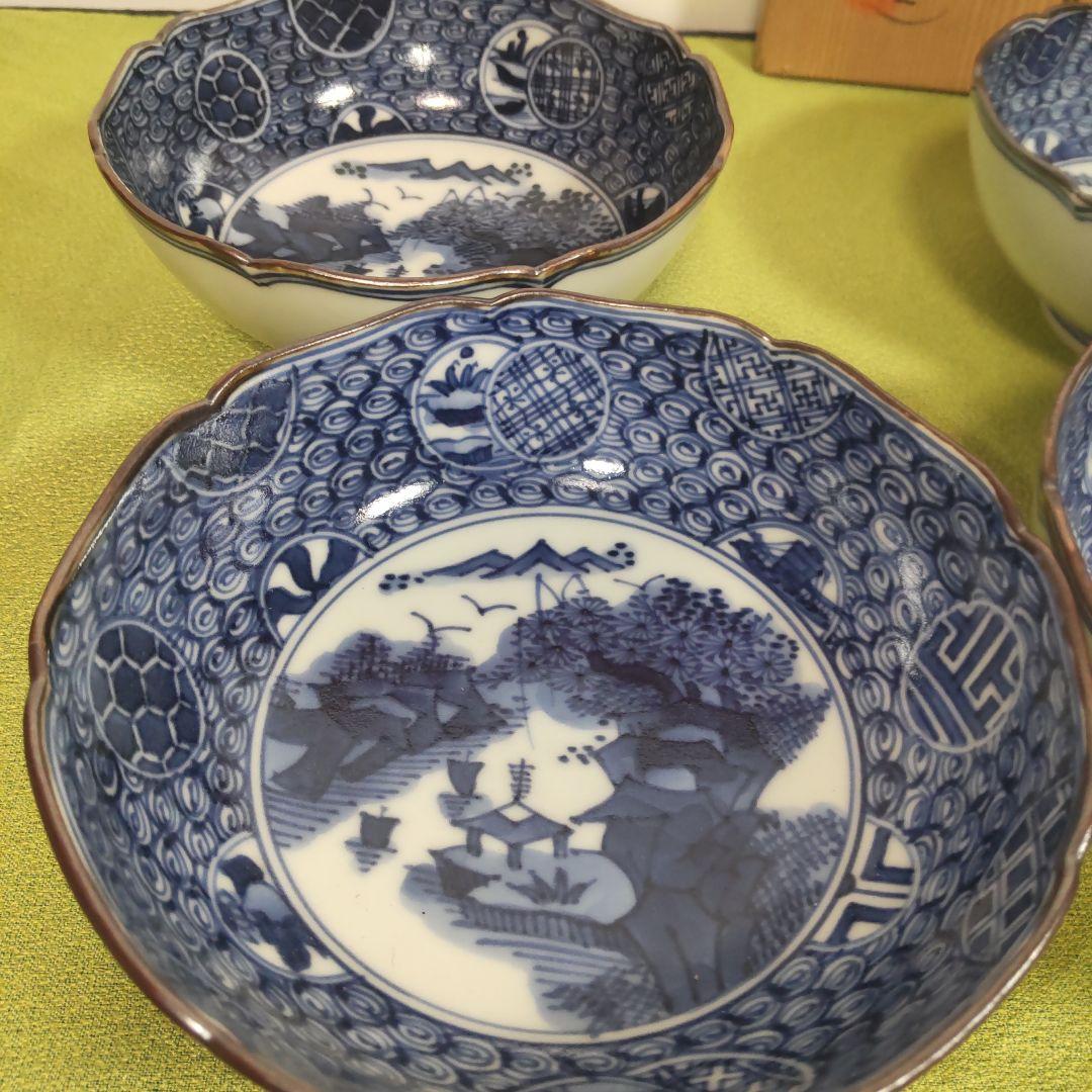 平安一楽 壹楽 祥瑞 山瑞 染付 手描き 5客 小鉢 皿 丸紋