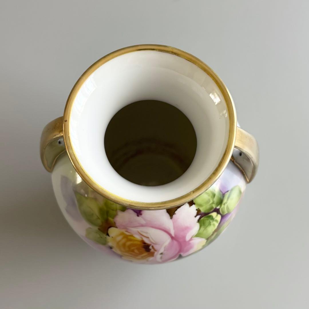 アンティーク　オールドノリタケ　総手描き　薔薇文　金彩ハンドル　花瓶　【稀少品】