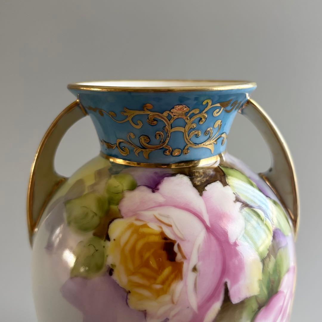 アンティーク　オールドノリタケ　総手描き　薔薇文　金彩ハンドル　花瓶　【稀少品】