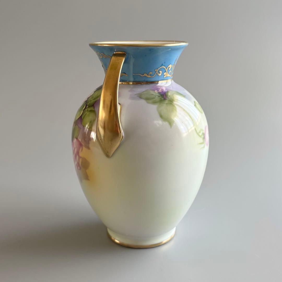 アンティーク　オールドノリタケ　総手描き　薔薇文　金彩ハンドル　花瓶　【稀少品】