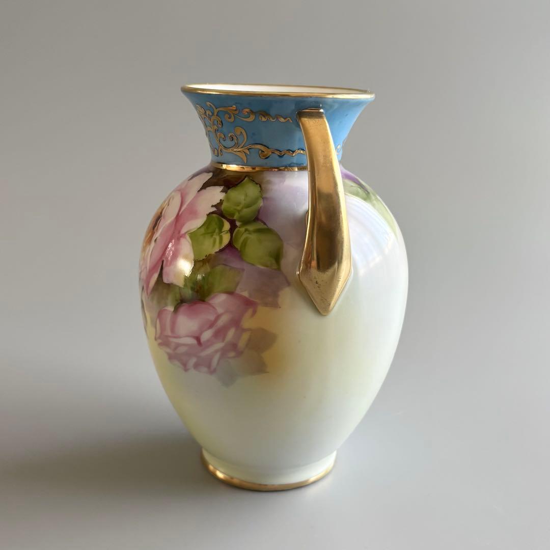 アンティーク　オールドノリタケ　総手描き　薔薇文　金彩ハンドル　花瓶　【稀少品】