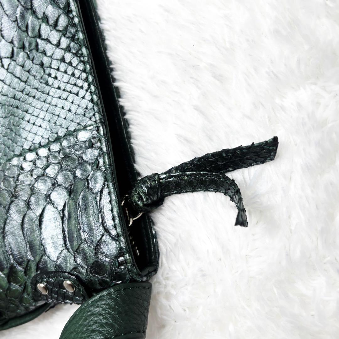 JRA公認 最高級パイソン本革 ショルダーバッグ 大容量 緑黒 縁起物 日本製