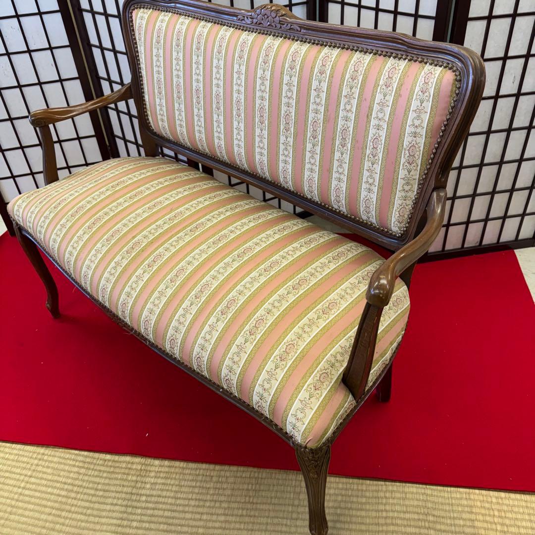アンティーク　二人掛け　猫脚　アームチェア　クラシック ストライプ イタリア