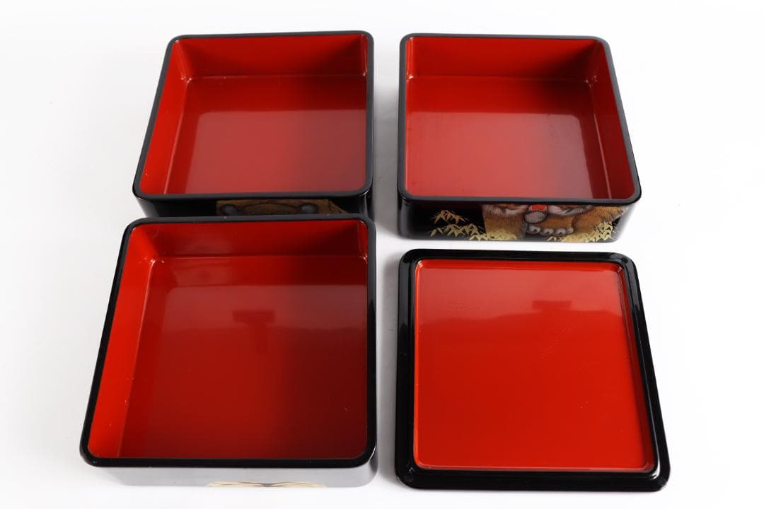 寅彫漆 木製堅地 重箱 立山作 三段重 茶道具