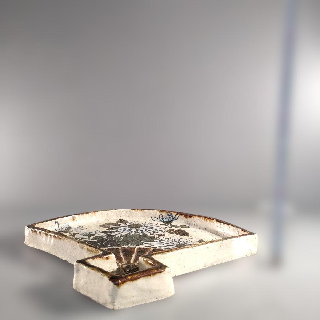 A1348-5/尾形乾山/扇形花画大皿/飾大皿/尺皿/絵皿/盛皿/床飾/額皿/