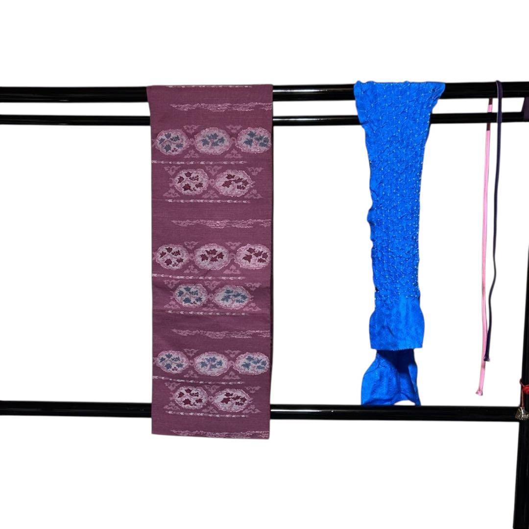 未使用近い　美品　単衣　正絹　紬　小紋　琉球絣柄　十日町紬系　フルセット　4点